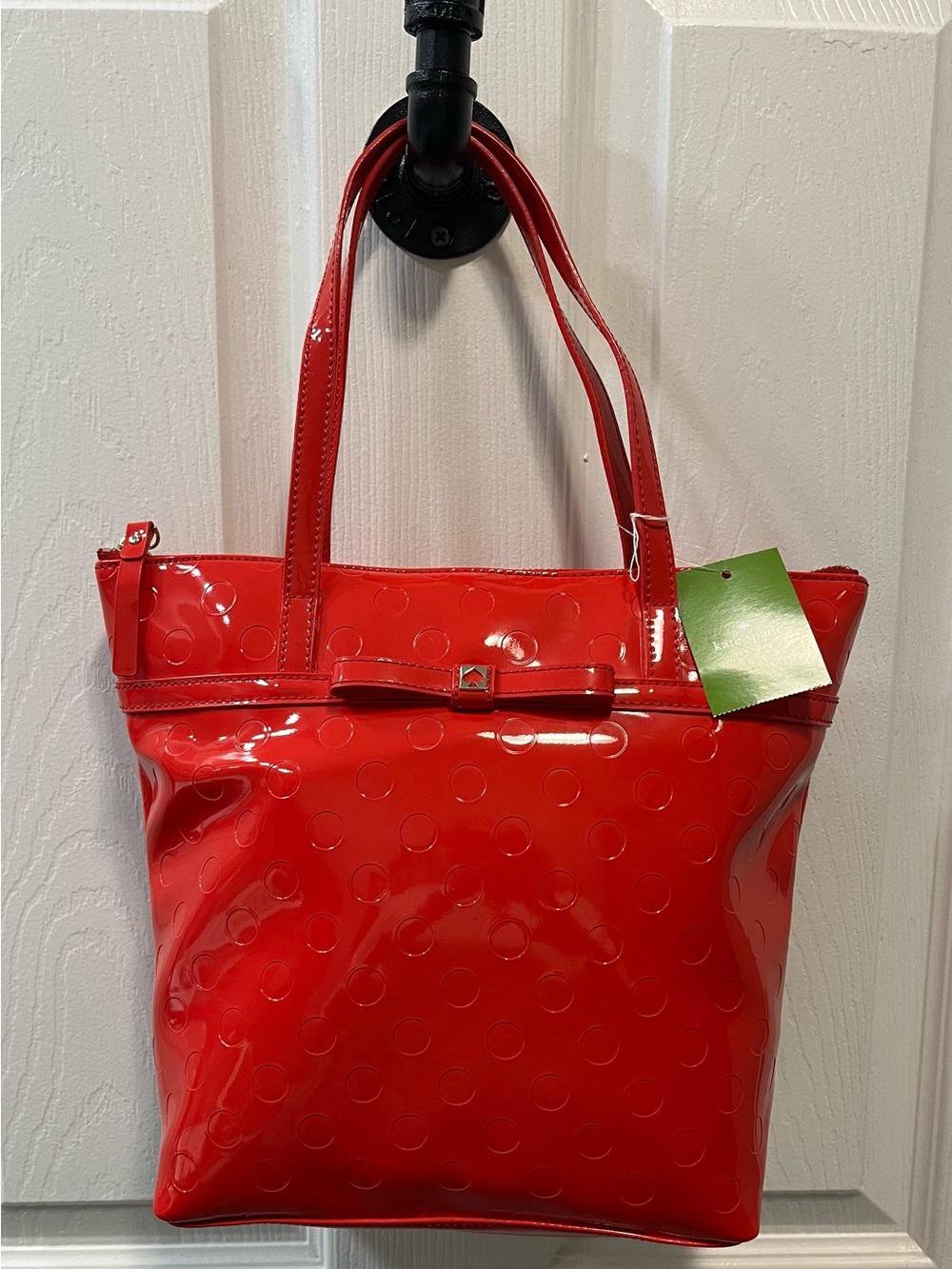Kate Spade Camellia St. Jeralyn Red Patent Polka-Dot Tote Bag with Bow Accent